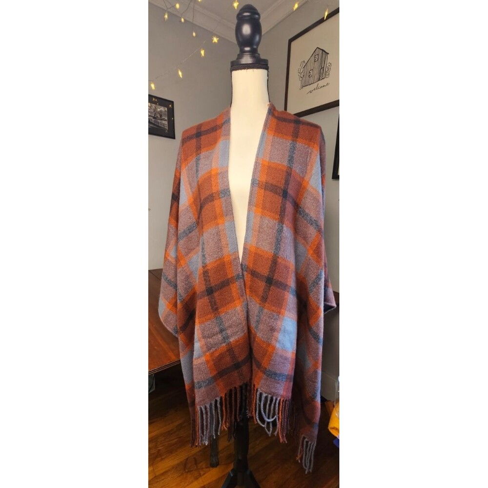 Soft Surroundings OSFM Women's Multi Plaid Long Fringe Acrylic Wrap Poncho
